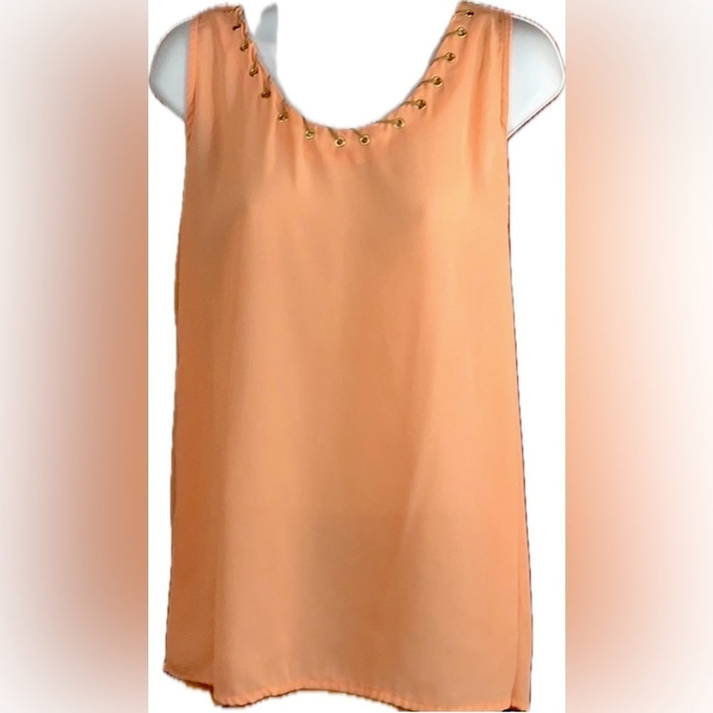 New Directions L Top Peach Salmon Sleeveless Tank Blouse Laced Edge Neckline EUC